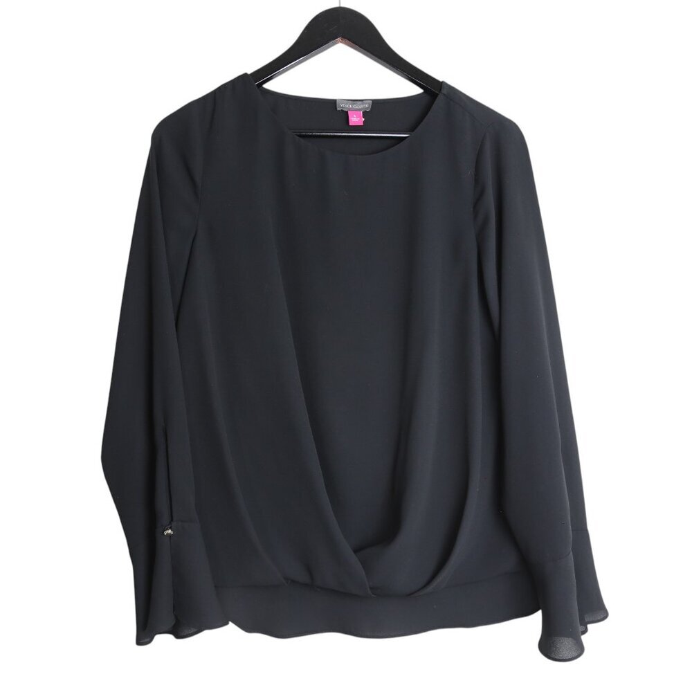 Vince Camuto Black Draped Deep Cut V-Neck Flowy Long Sleeve Blouse Size Small